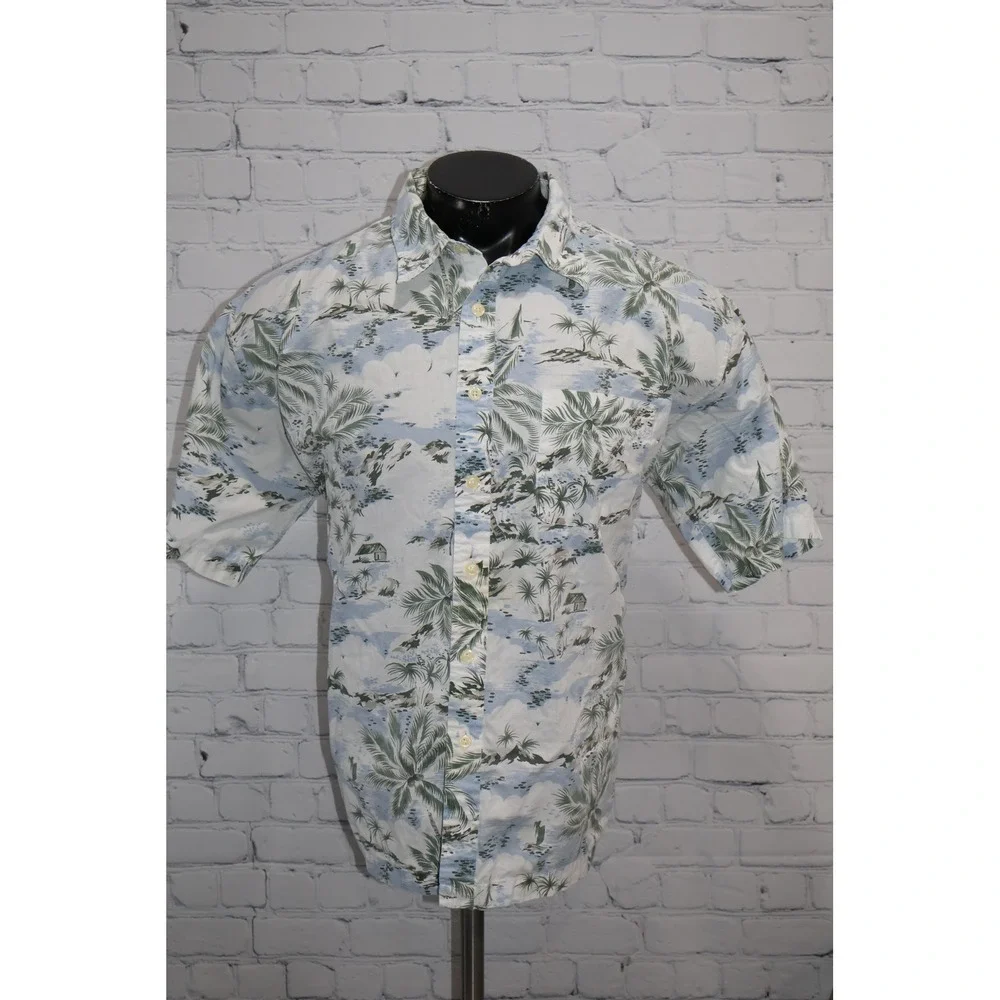 J Crew Button Down Shirt Mens XL Blue Palm Tree Island Print Hawaiian Cotton